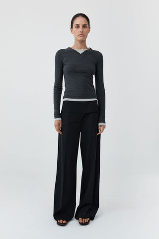 Organic Cotton V Neck Long Sleeve Top, Charcoal Melange