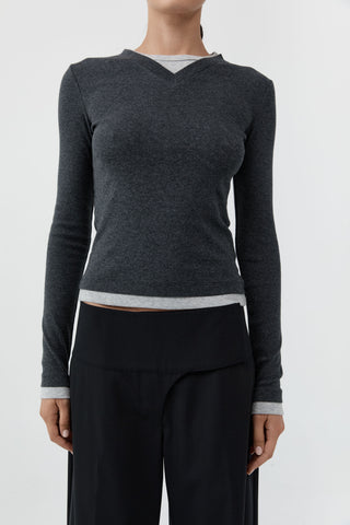Organic Cotton V Neck Long Sleeve Top, Charcoal Melange