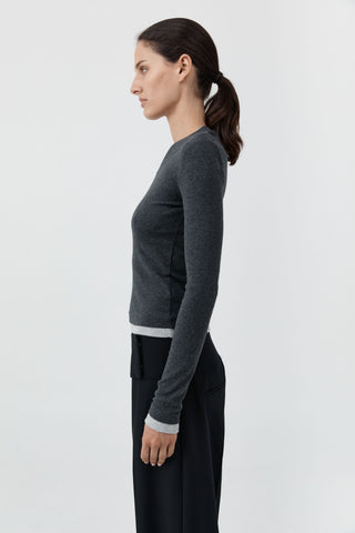 Organic Cotton V Neck Long Sleeve Top, Charcoal Melange