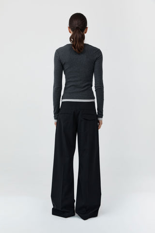 Organic Cotton V Neck Long Sleeve Top, Charcoal Melange