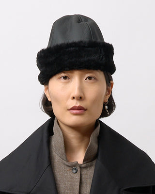Leather Back Straight Hair Sheepskin Cap, Black