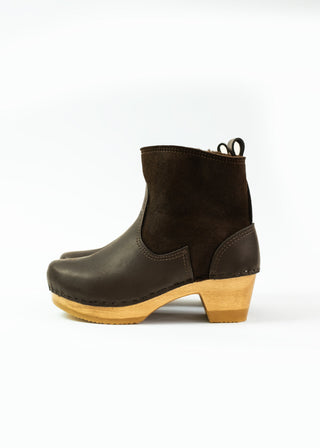5" Pull on Shearling Clog Boot on Mid Heel, Umber