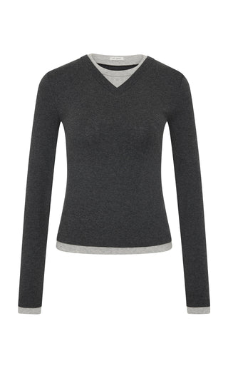 Organic Cotton V Neck Long Sleeve Top, Charcoal Melange